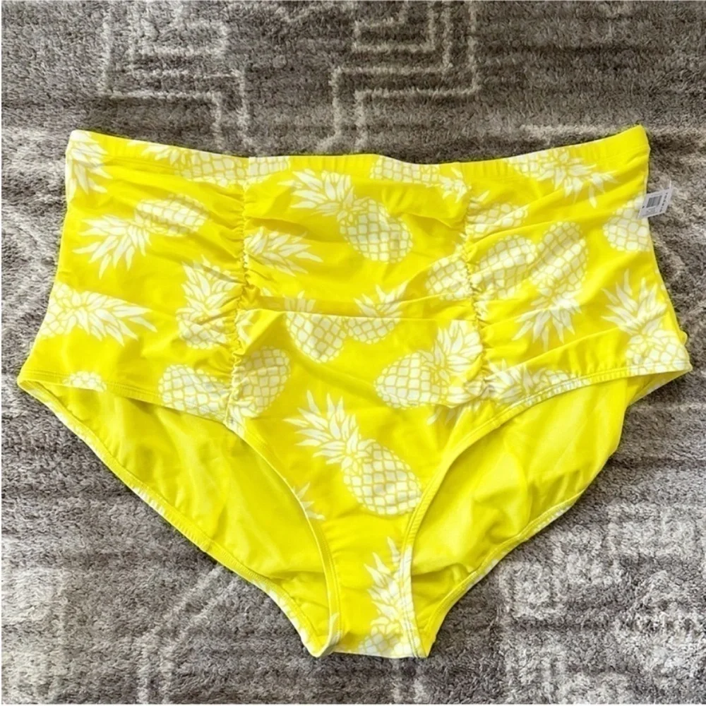 NWT Torrid High Rise Ruched Swim Bottom Graphic Pineapple Yellow